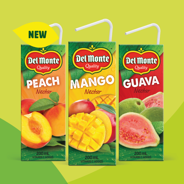 Del Monte nectars in 200 mL format, in 3 flavours : peach, mango, guava